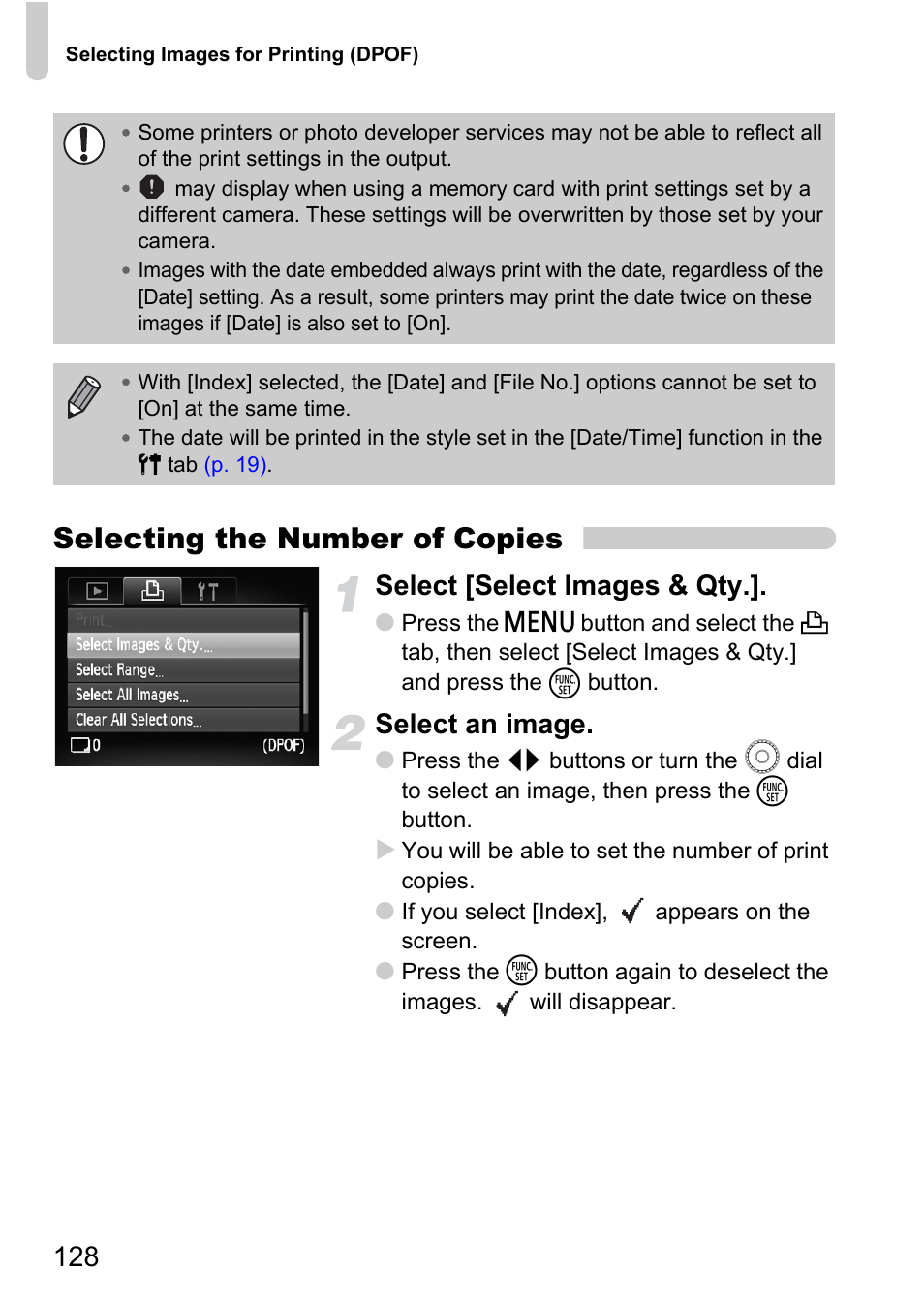 Selecting the number of copies, Select [select images & qty, Select an image | Canon IXUS 990IS User Manual | Page 128 / 162