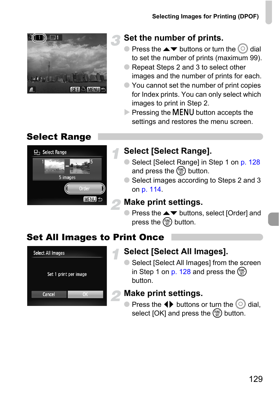 Select range, Set all images to print once, 129 set the number of prints | Select [select range, Make print settings, Select [select all images | Canon IXUS 990IS User Manual | Page 129 / 162