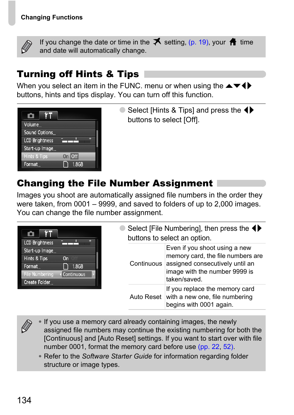 Number, P. 134), Turning off hints & tips | Changing the file number assignment | Canon IXUS 990IS User Manual | Page 134 / 162