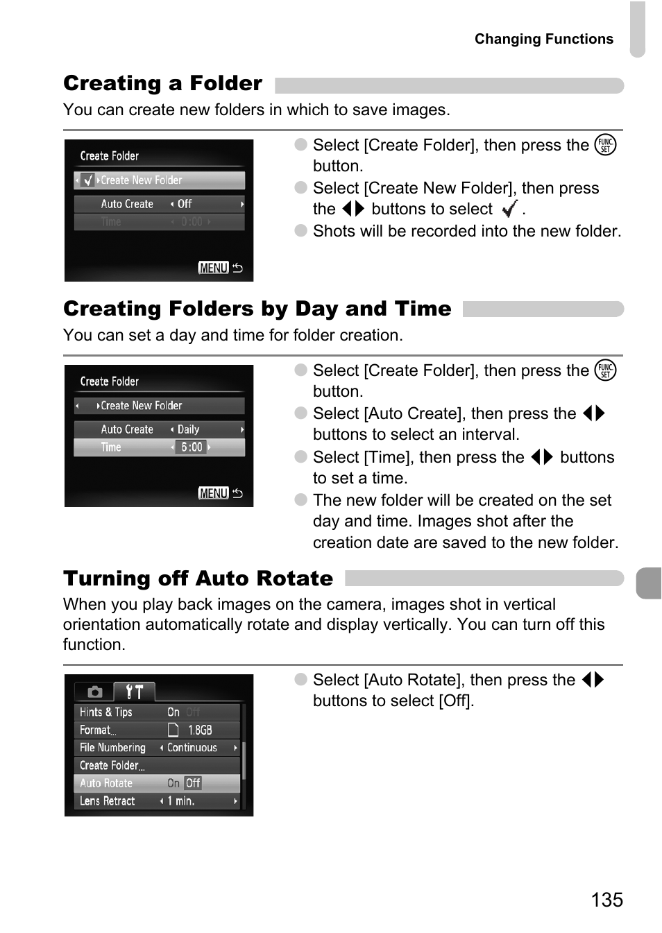 Creating a folder, Creating folders by day and time, Turning off auto rotate | Canon IXUS 990IS User Manual | Page 135 / 162