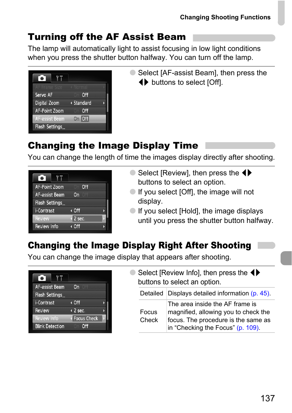 Beam, P. 137), Turning off the af assist beam | Changing the image display time, Changing the image display right after shooting | Canon IXUS 990IS User Manual | Page 137 / 162