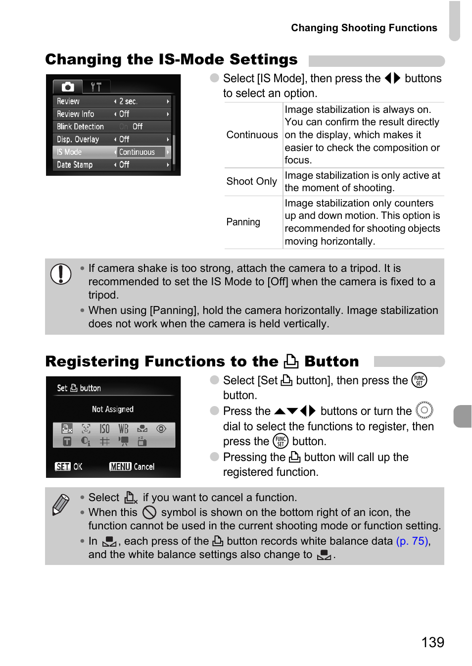 Ge stabilizer, P. 139), Ipod | Button, Changing the is-mode settings, Registering functions to the c button | Canon IXUS 990IS User Manual | Page 139 / 162