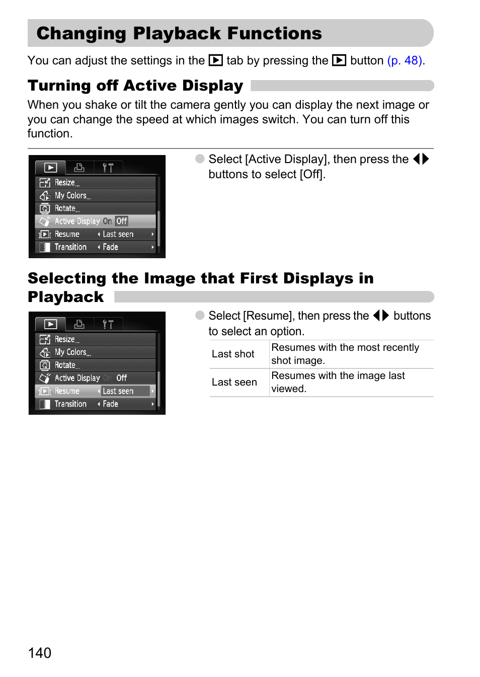 Changing playback functions, Turning off active display | Canon IXUS 990IS User Manual | Page 140 / 162