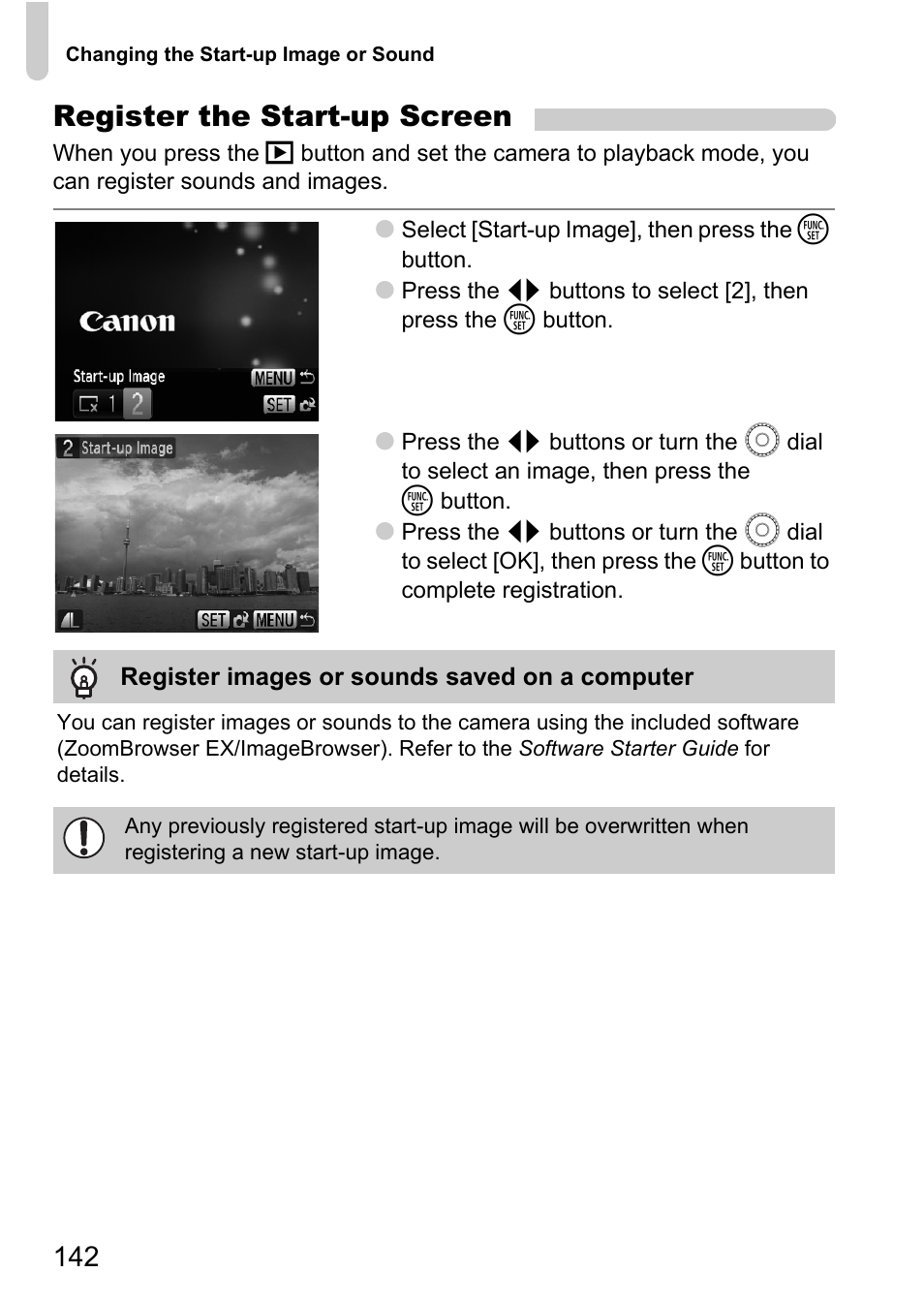Register the start-up screen | Canon IXUS 990IS User Manual | Page 142 / 162