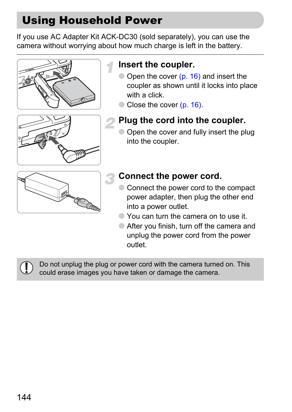 Using household power, P. 144), Insert the coupler | Plug the cord into the coupler, Connect the power cord | Canon IXUS 990IS User Manual | Page 144 / 162