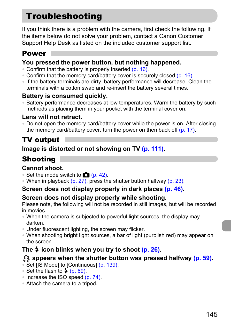 Troubleshooting, Power, Tv output | Shooting | Canon IXUS 990IS User Manual | Page 145 / 162