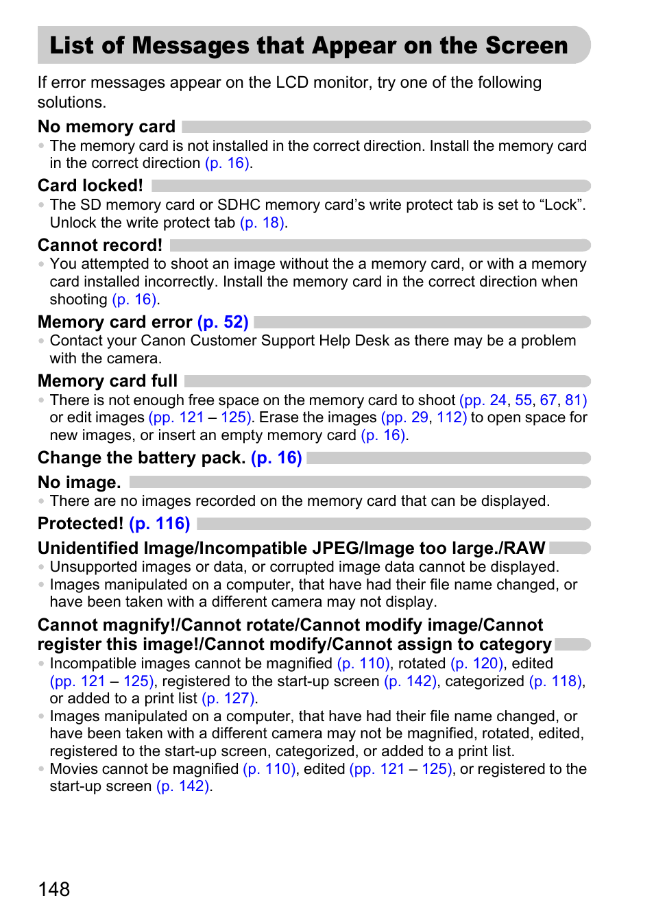 List of messages that appear on the screen, List of messages that appear on, The screen | Canon IXUS 990IS User Manual | Page 148 / 162