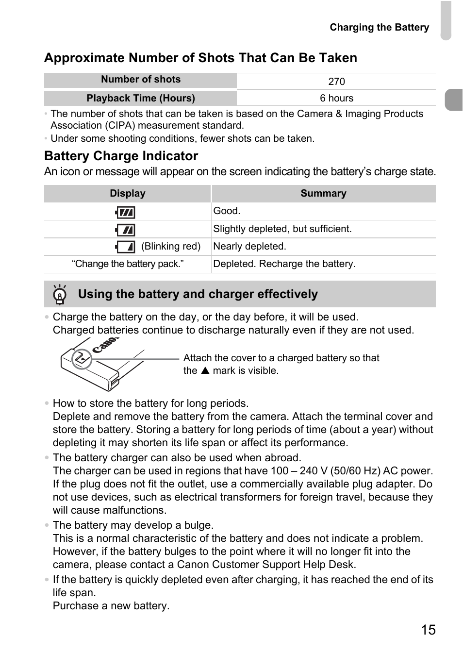 Approximate number of shots that can be taken, Battery charge indicator | Canon IXUS 990IS User Manual | Page 15 / 162