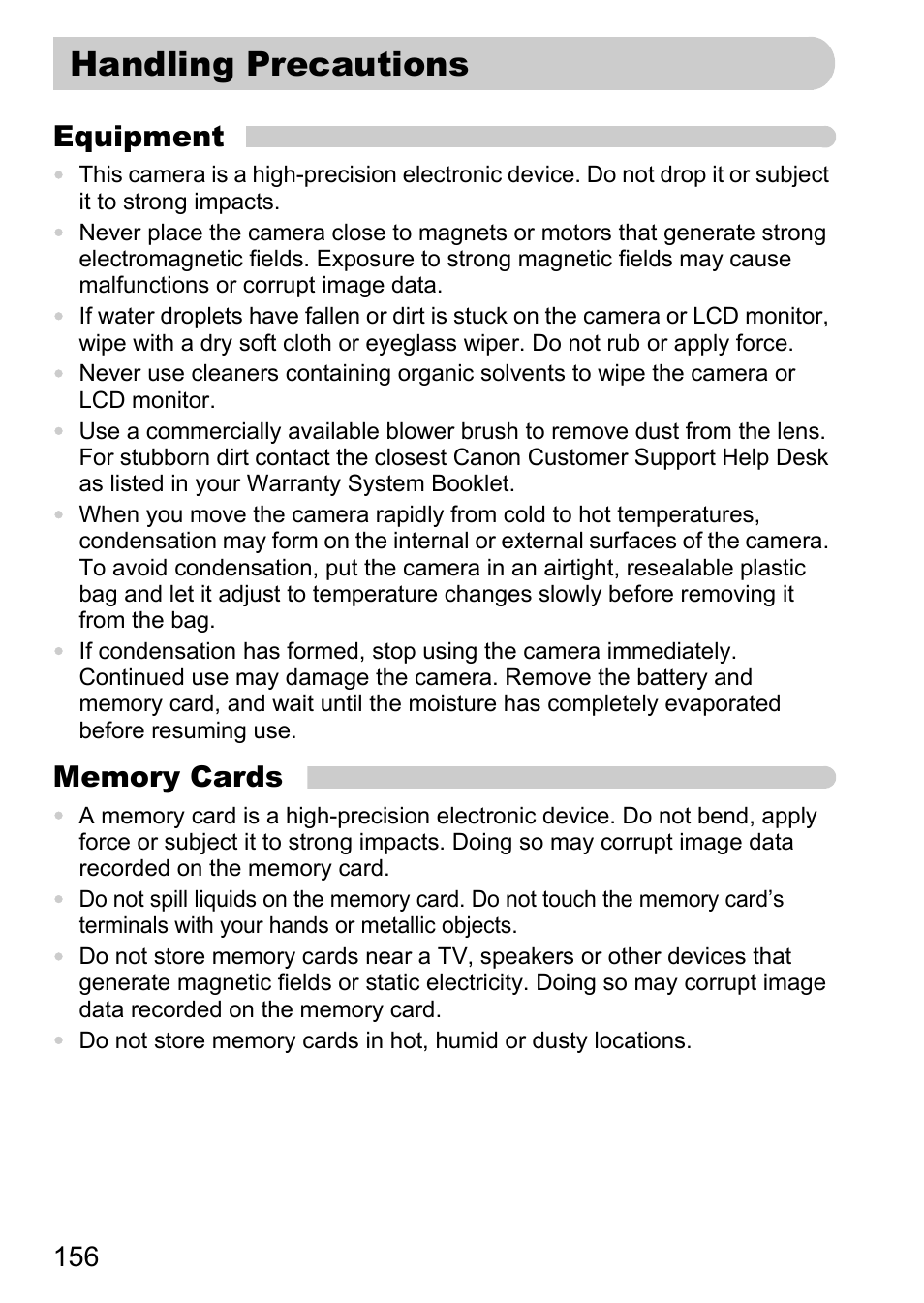 Handling precautions, Equipment | Canon IXUS 990IS User Manual | Page 156 / 162
