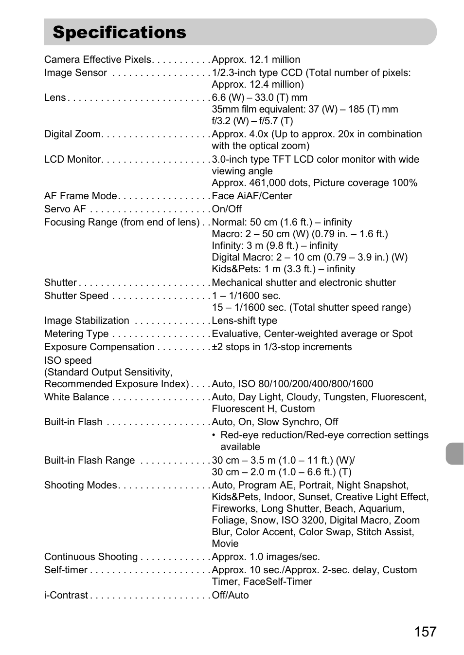 Specifications, P. 157) | Canon IXUS 990IS User Manual | Page 157 / 162