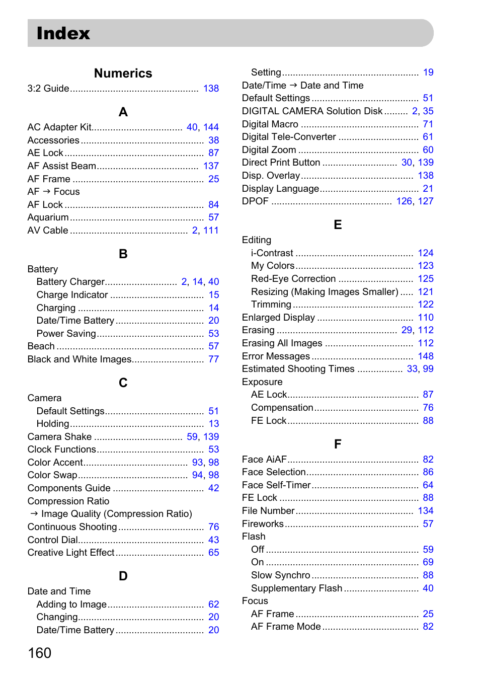 Index, Numerics | Canon IXUS 990IS User Manual | Page 160 / 162