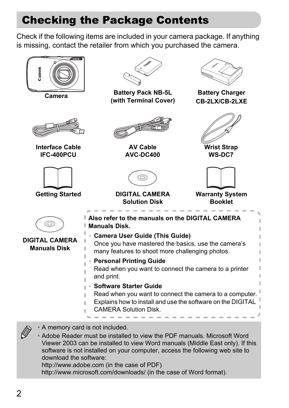 Checking the package contents | Canon IXUS 990IS User Manual | Page 2 / 162