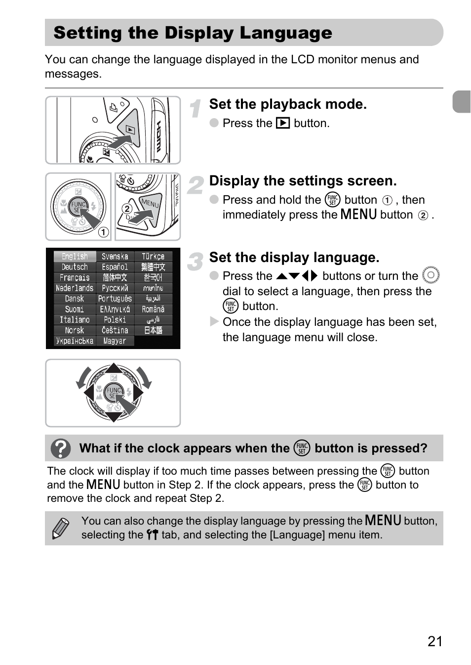 Setting the display language, Set the playback mode, Display the settings screen | Set the display language | Canon IXUS 990IS User Manual | Page 21 / 162