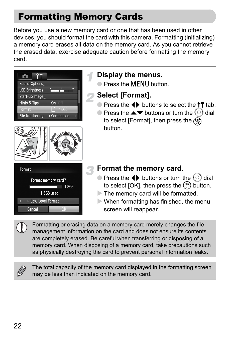 Formatting memory cards, Display the menus, Select [format | Canon IXUS 990IS User Manual | Page 22 / 162