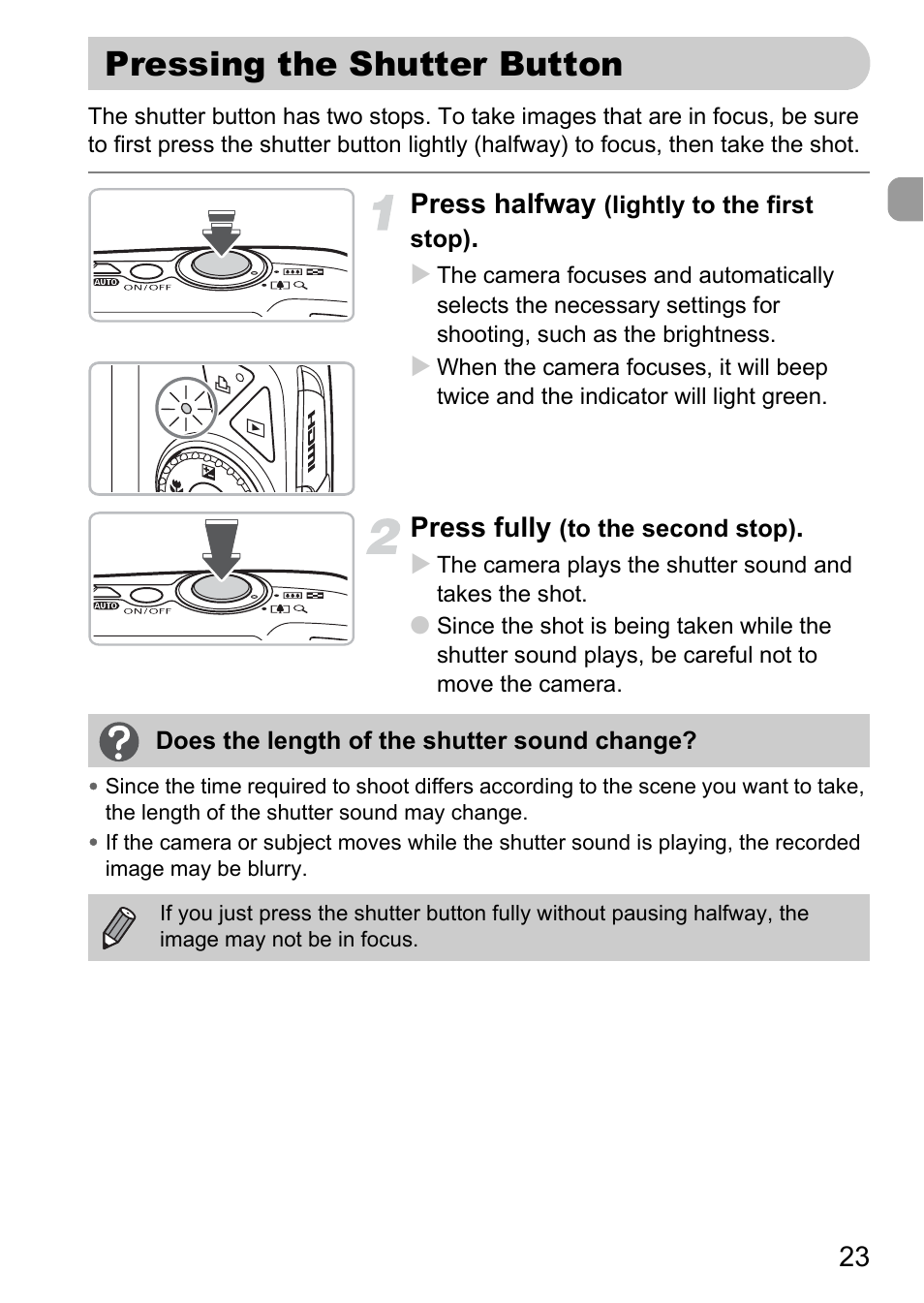 Pressing the shutter button, Press halfway, Press fully | Canon IXUS 990IS User Manual | Page 23 / 162