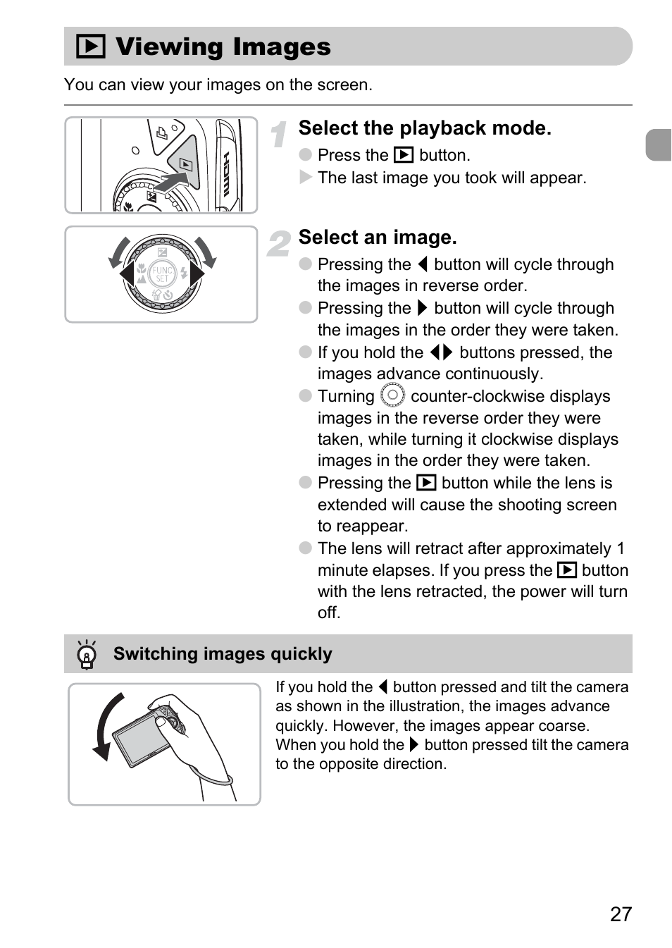 Viewing images, 1 viewing images, Select the playback mode | Select an image | Canon IXUS 990IS User Manual | Page 27 / 162