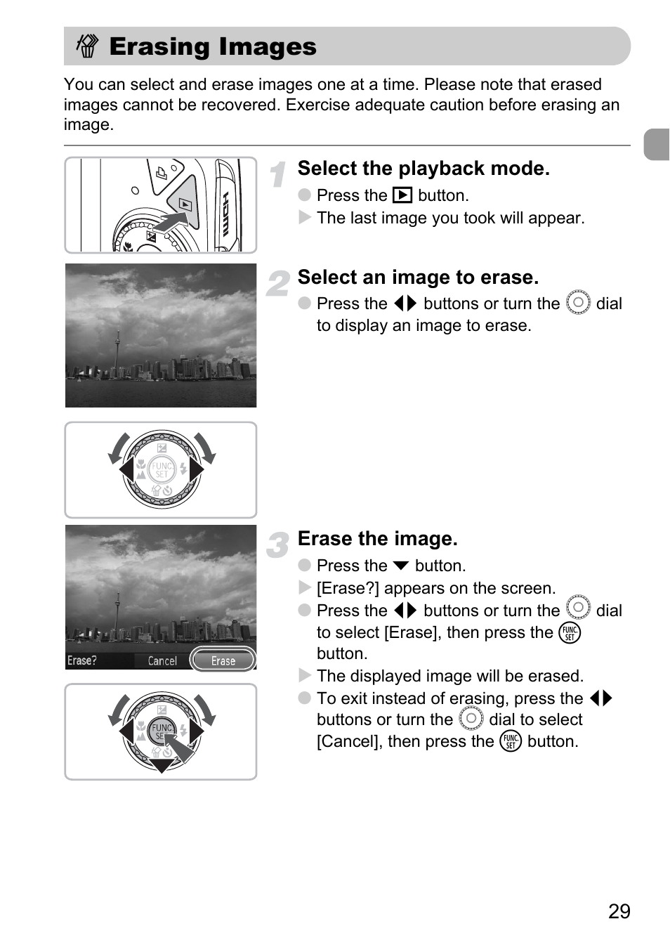 Erasing images, Select the playback mode, Select an image to erase | Erase the image | Canon IXUS 990IS User Manual | Page 29 / 162