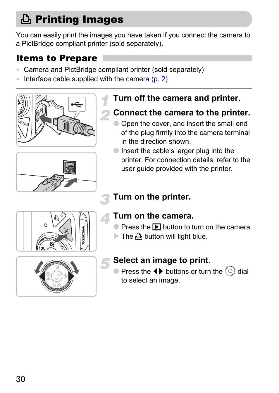 Printing images, C printing images, Items to prepare | Canon IXUS 990IS User Manual | Page 30 / 162