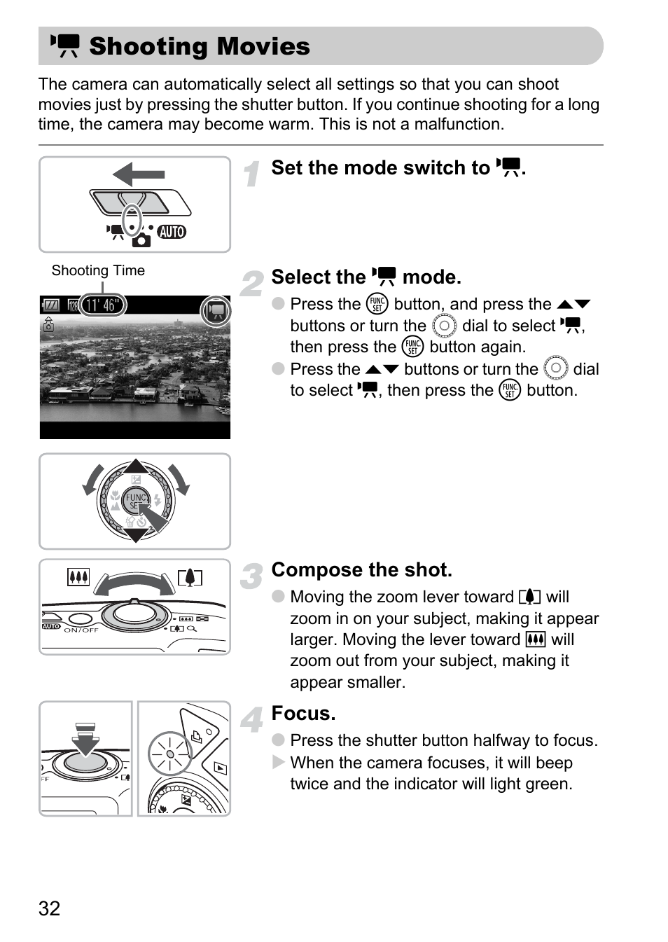 Shooting movies, E shooting movies, Set the mode switch to e . select the e mode | Compose the shot, Focus | Canon IXUS 990IS User Manual | Page 32 / 162