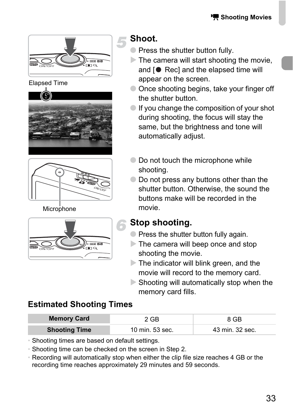 33 shoot, Stop shooting, Estimated shooting times | Canon IXUS 990IS User Manual | Page 33 / 162