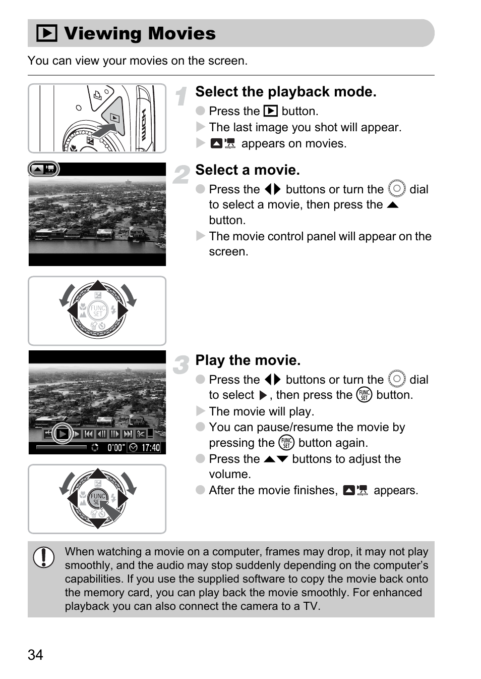 Viewing movies, 1 viewing movies, Select the playback mode | Select a movie, Play the movie | Canon IXUS 990IS User Manual | Page 34 / 162