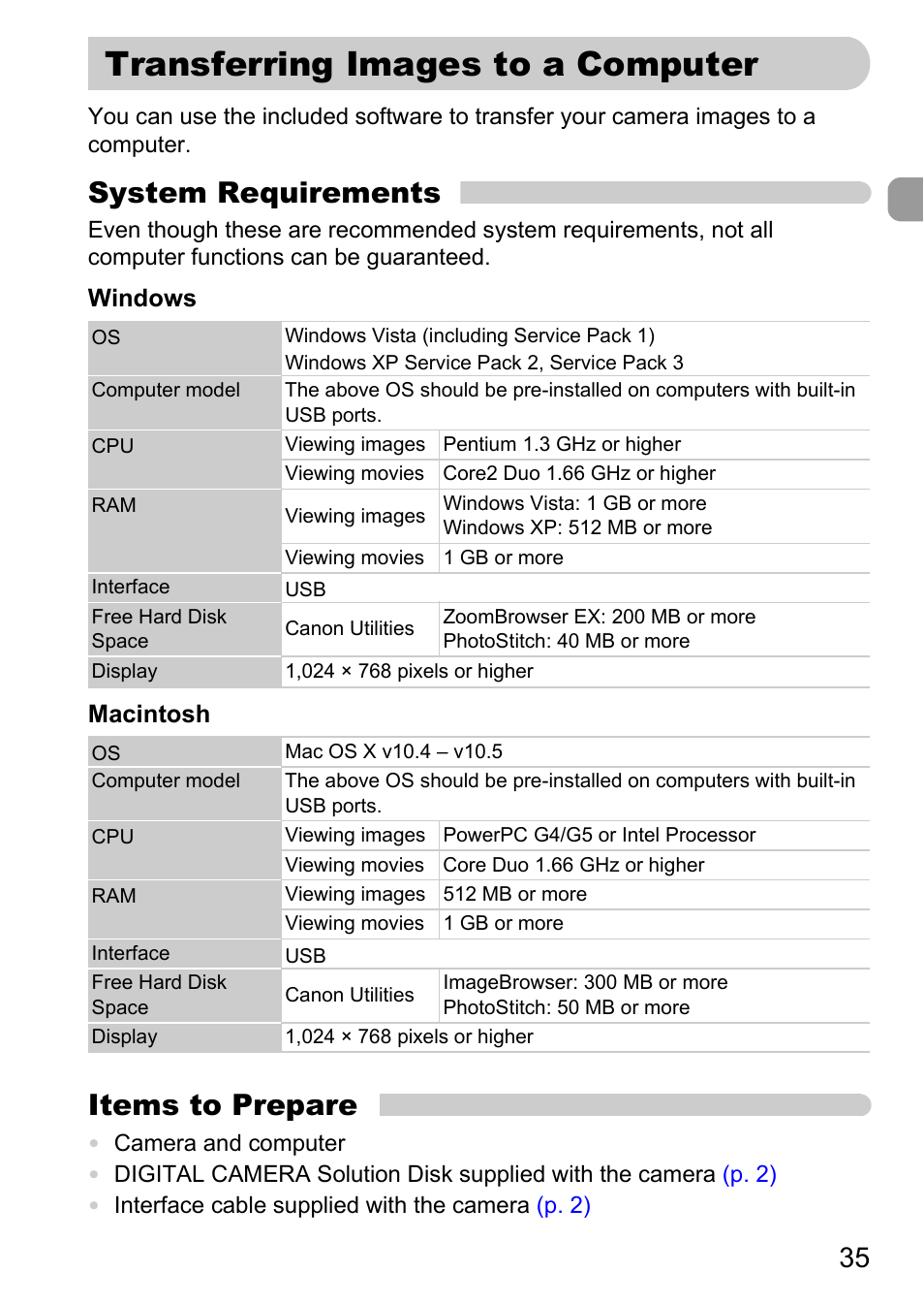 Transferring images to a computer, System requirements, Items to prepare | Canon IXUS 990IS User Manual | Page 35 / 162