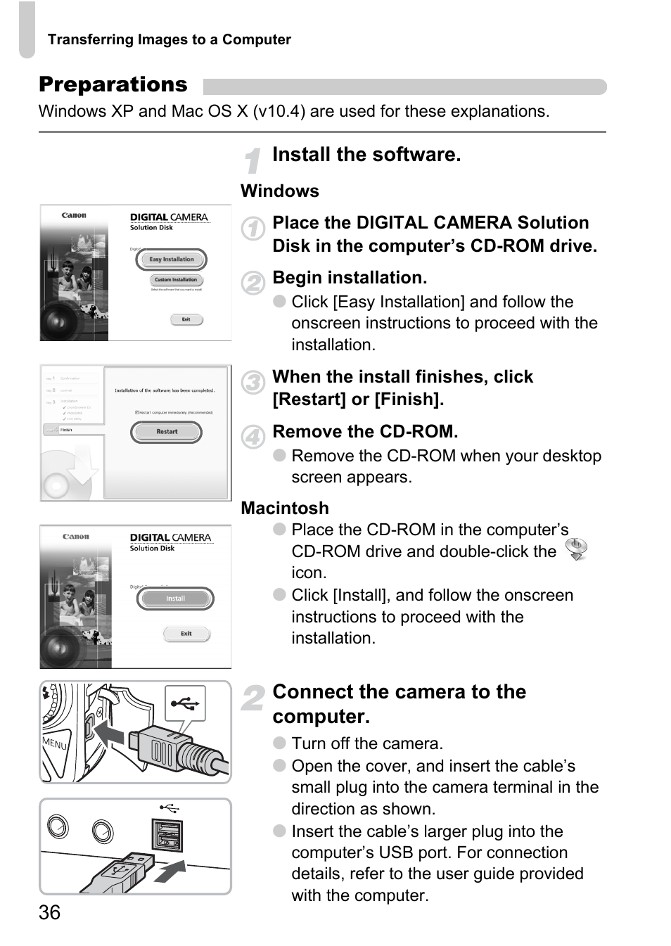 Preparations, Install the software, Connect the camera to the computer | Canon IXUS 990IS User Manual | Page 36 / 162