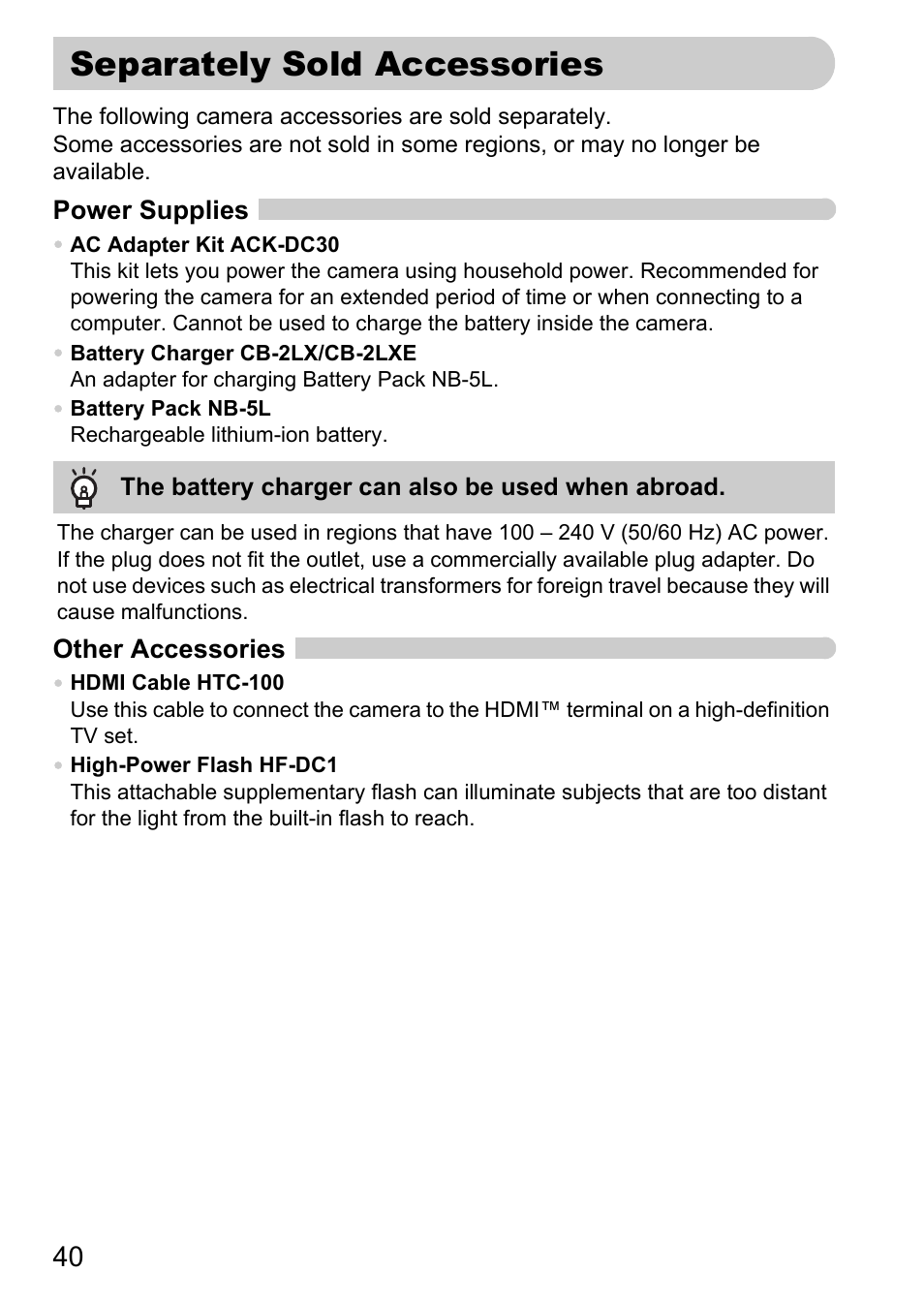 Separately sold accessories, P. 40 | Canon IXUS 990IS User Manual | Page 40 / 162