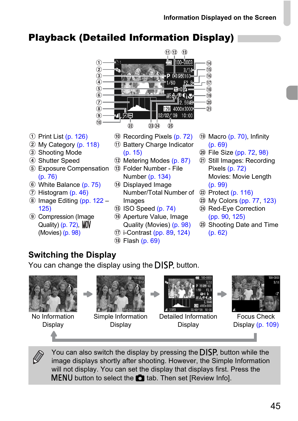 Playback (detailed information display), Switching the display | Canon IXUS 990IS User Manual | Page 45 / 162