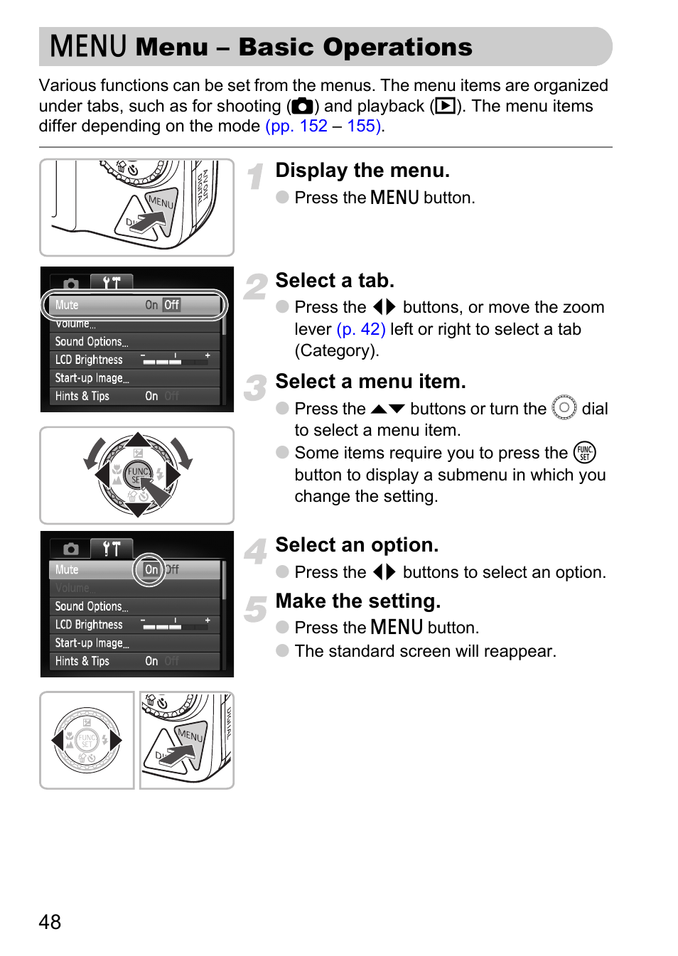 Menu menu - basic operations, N menu – basic operations, Tton | P. 48), Display the menu, Select a tab, Select a menu item, Select an option, Make the setting | Canon IXUS 990IS User Manual | Page 48 / 162