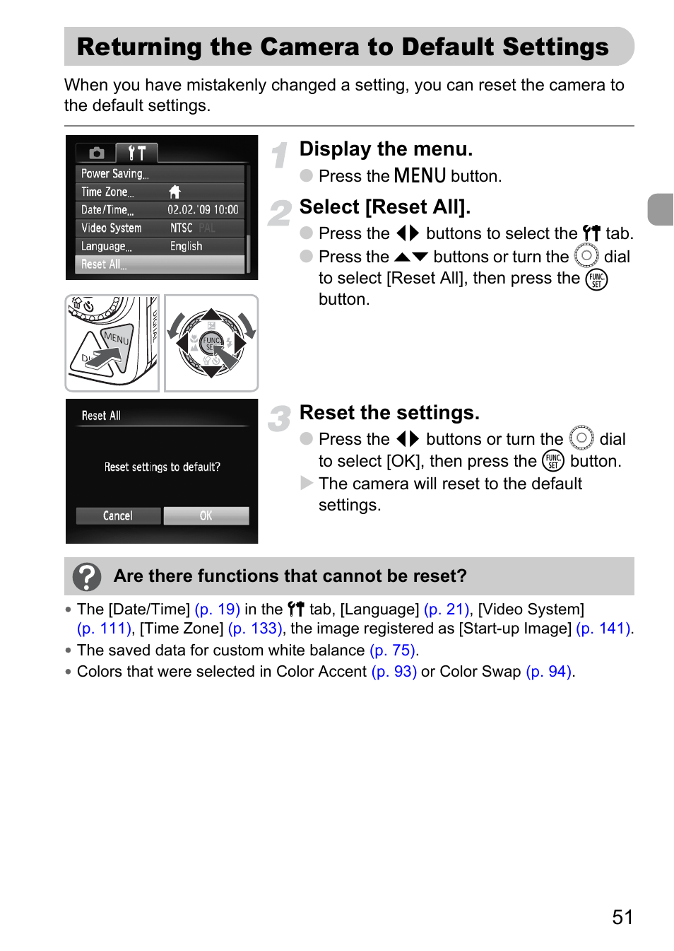 Returning the camera to default settings, Returning the camera to default, Settings | Display the menu, Select [reset all, Reset the settings | Canon IXUS 990IS User Manual | Page 51 / 162