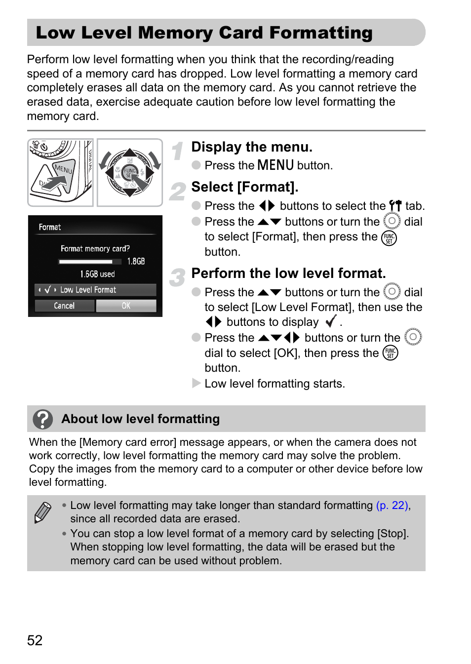 Low level memory card formatting, Low level memory card, Formatting | Display the menu, Select [format, Perform the low level format | Canon IXUS 990IS User Manual | Page 52 / 162