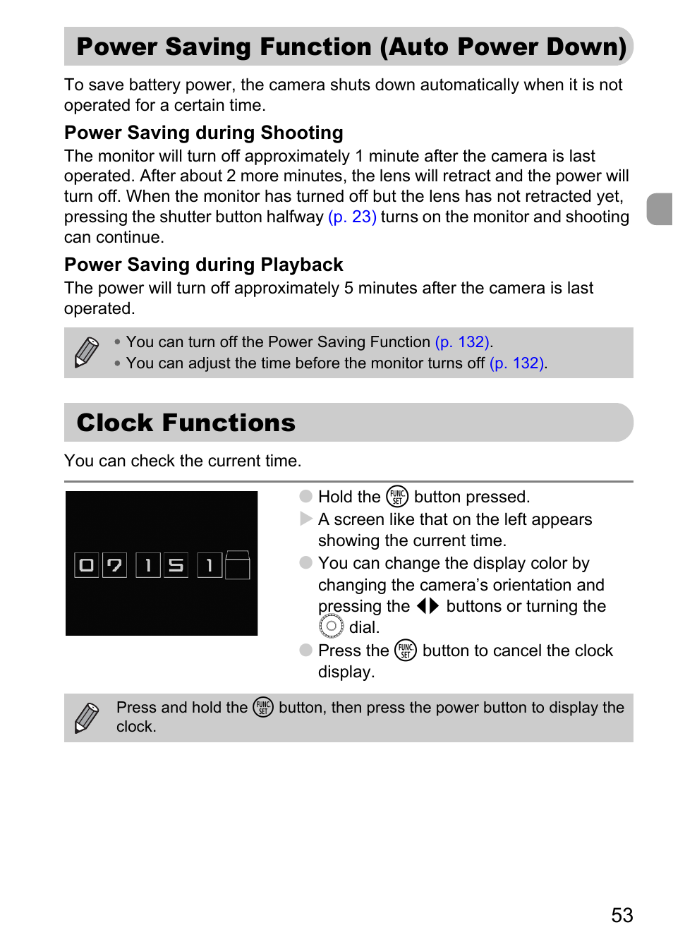 Power saving function (auto power down), Clock functions, Power saving function | Auto power down) | Canon IXUS 990IS User Manual | Page 53 / 162