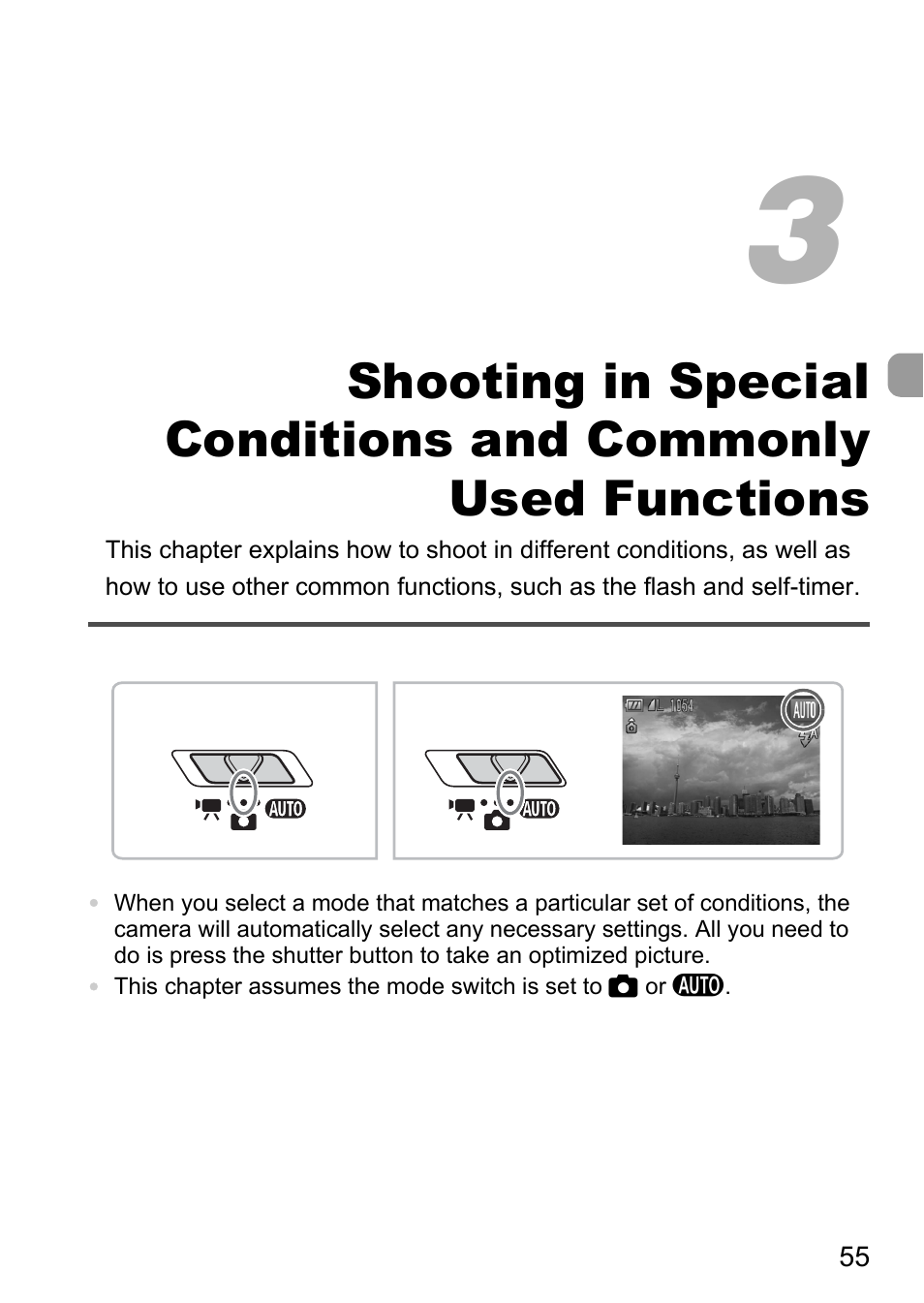 3 shooting in special, Conditions and commonly, Used functions | Pp. 55 | Canon IXUS 990IS User Manual | Page 55 / 162