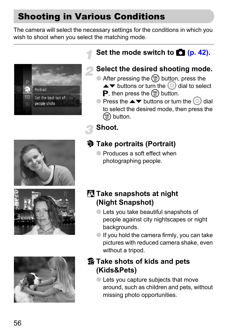 Shooting in various conditions, P. 56), Scene | Canon IXUS 990IS User Manual | Page 56 / 162