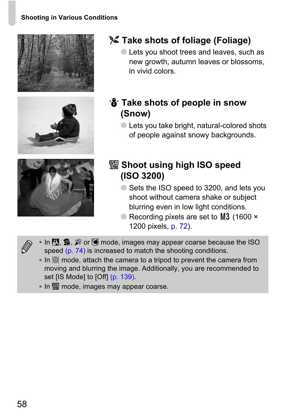 P. 58), 58 o take shots of foliage (foliage), P take shots of people in snow (snow) | Z shoot using high iso speed (iso 3200) | Canon IXUS 990IS User Manual | Page 58 / 162