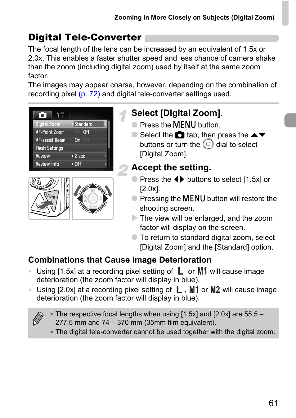 P. 61), Digital tele-converter, Select [digital zoom | Accept the setting | Canon IXUS 990IS User Manual | Page 61 / 162
