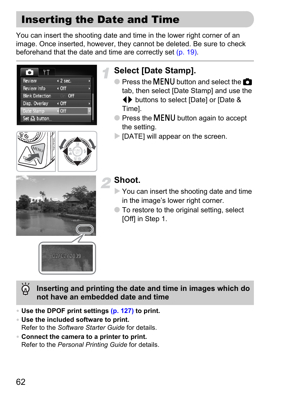 Inserting the date and time, P. 62), Select [date stamp | Shoot | Canon IXUS 990IS User Manual | Page 62 / 162