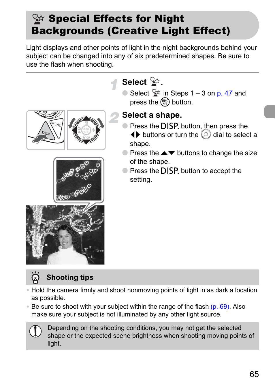 Special effects for, Night backgrounds (creative light effect), Select | Select a shape | Canon IXUS 990IS User Manual | Page 65 / 162