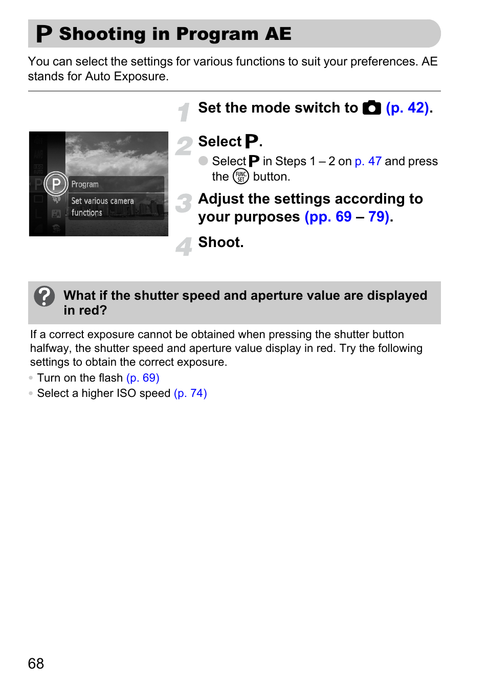 Shooting in program ae, G shooting in program ae | Canon IXUS 990IS User Manual | Page 68 / 162