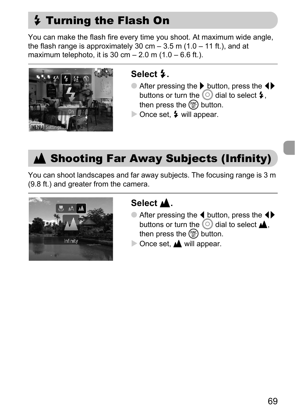 Turning the flash on, Shooting far away subjects (infinity), Infinity) | P. 69), Pp. 69 | Canon IXUS 990IS User Manual | Page 69 / 162