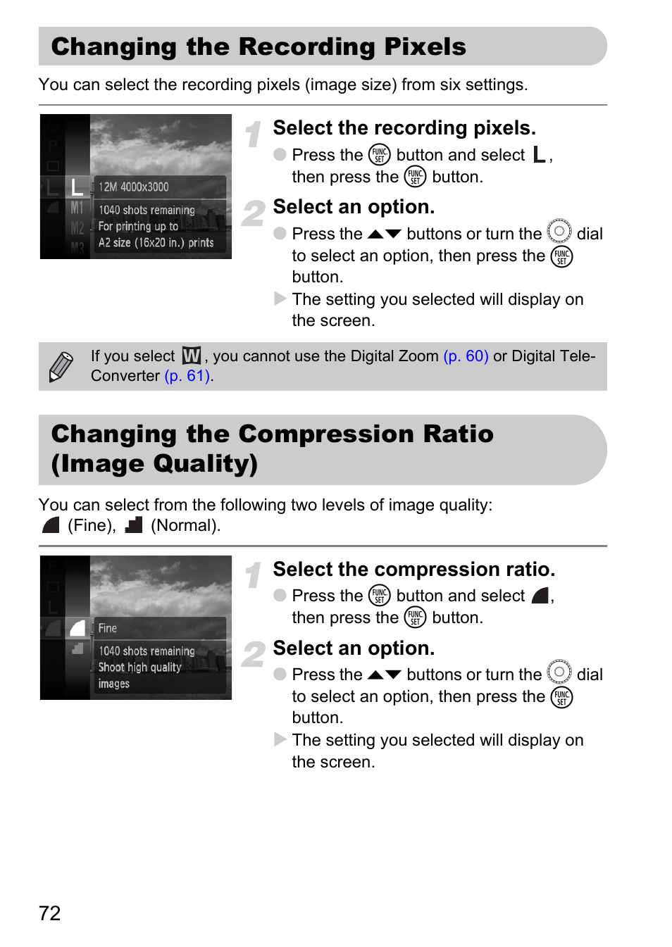 Changing the recording pixels, Changing the compression ratio (image quality), Changing the compression ratio | Image quality), Quality), P. 72), Recording pixels, File size, Pp. 72, P. 72 | Canon IXUS 990IS User Manual | Page 72 / 162