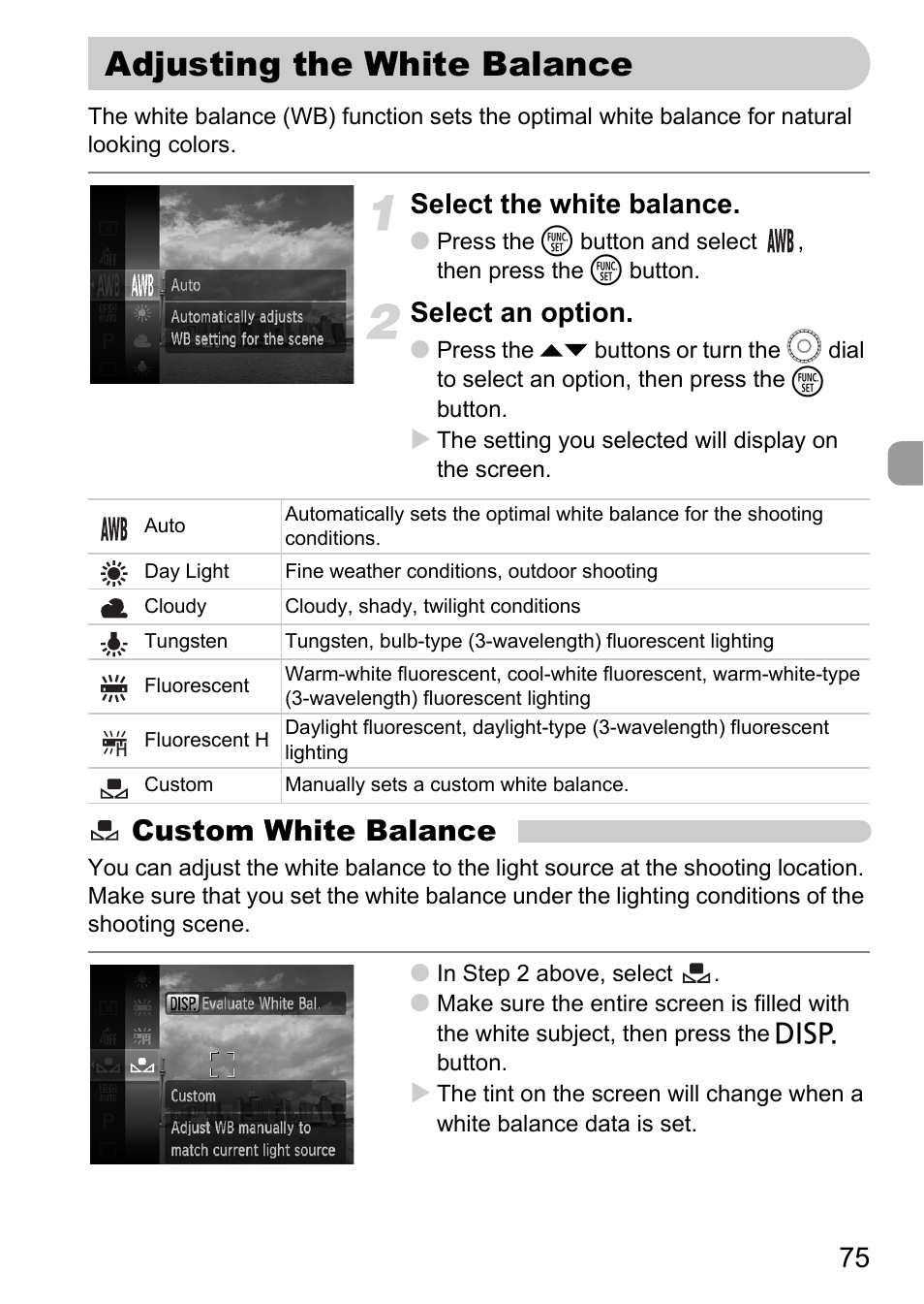 Adjusting the white balance, P. 75), Custom white balance | Select the white balance, Select an option | Canon IXUS 990IS User Manual | Page 75 / 162