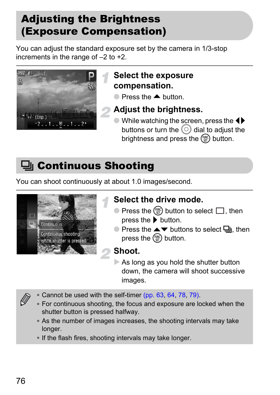 Adjusting the brightness (exposure compensation), Continuous shooting, Adjusting the brightness | Exposure compensation), W continuous shooting, Sation), P. 76), Select the exposure compensation, Adjust the brightness, Select the drive mode | Canon IXUS 990IS User Manual | Page 76 / 162