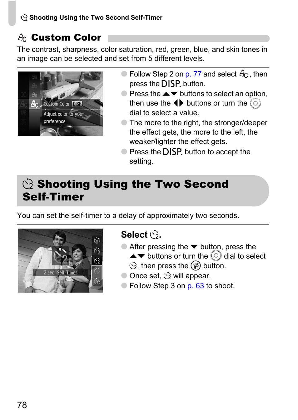 Shooting using the two second self-timer, Î shooting using the two second, Self-timer | P. 78), Î shooting using the two second self-timer, Custom color, Select î | Canon IXUS 990IS User Manual | Page 78 / 162