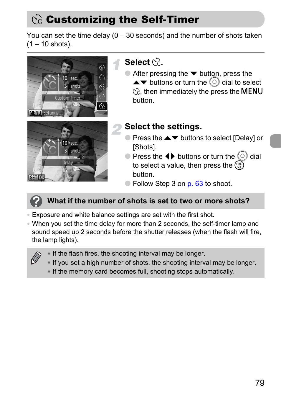 Customizing the self-timer, Select, Select the settings | Canon IXUS 990IS User Manual | Page 79 / 162