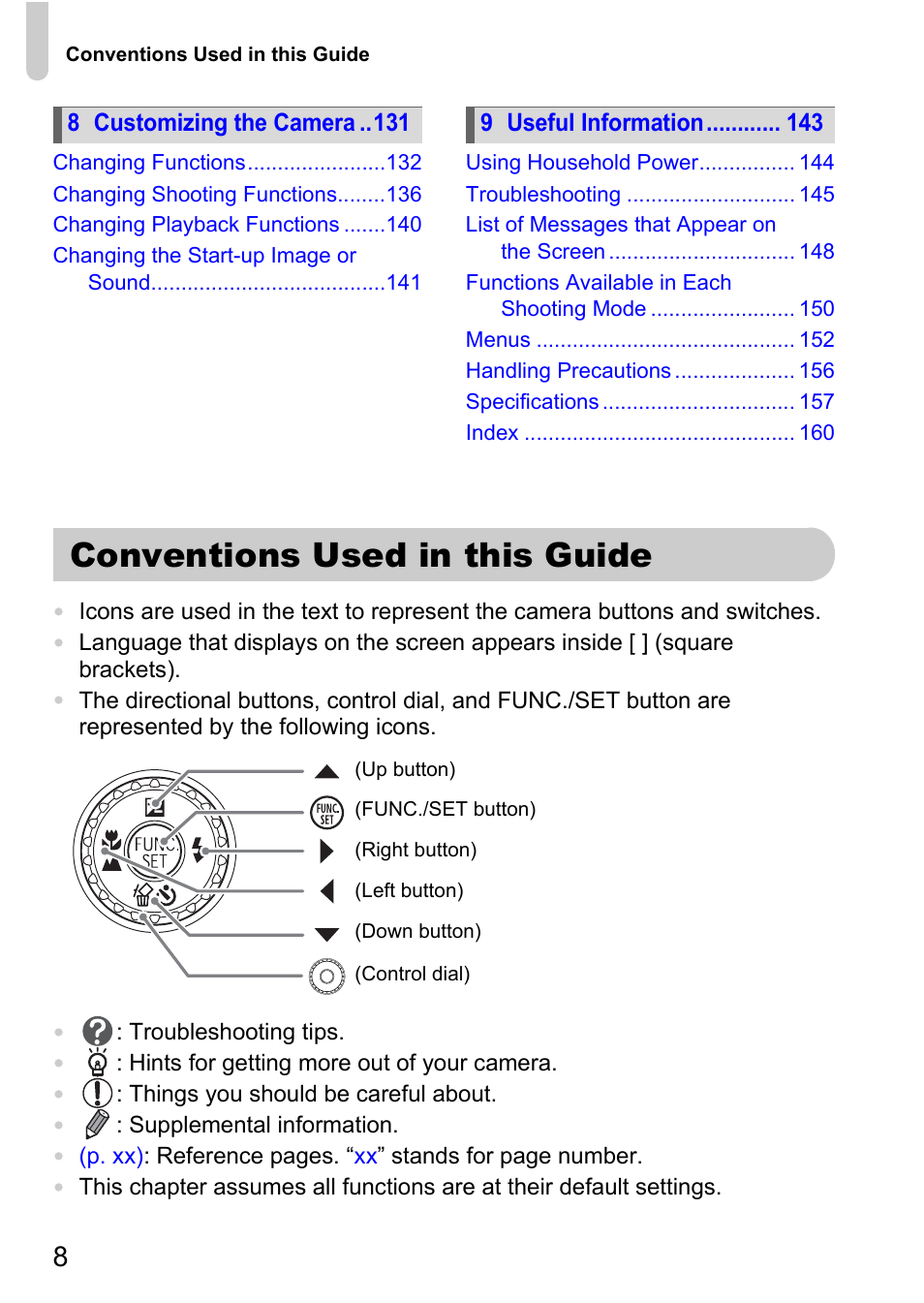 Conventions used in this guide | Canon IXUS 990IS User Manual | Page 8 / 162