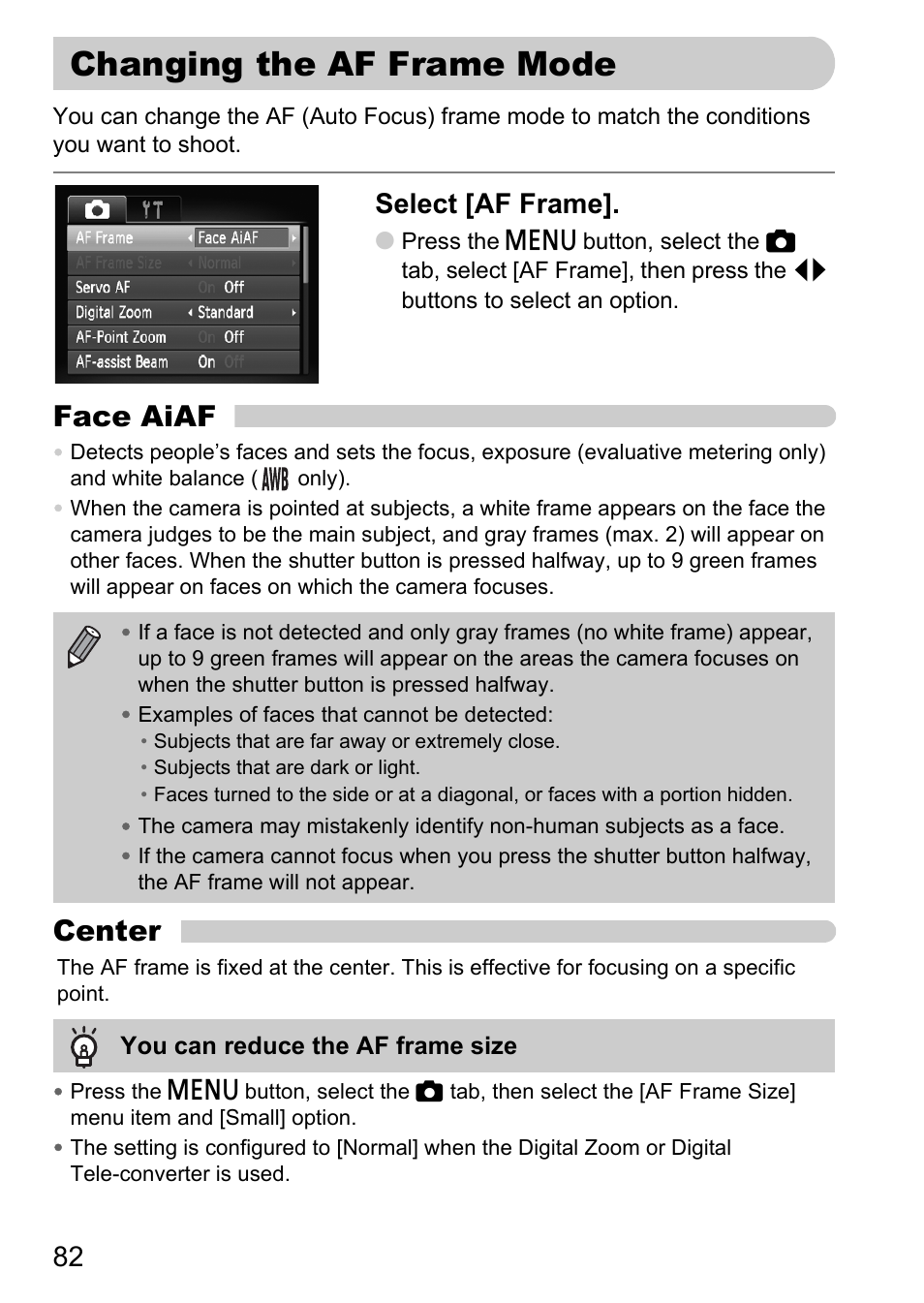 Changing the af frame mode, P. 82), Face aiaf | Center, Select [af frame | Canon IXUS 990IS User Manual | Page 82 / 162