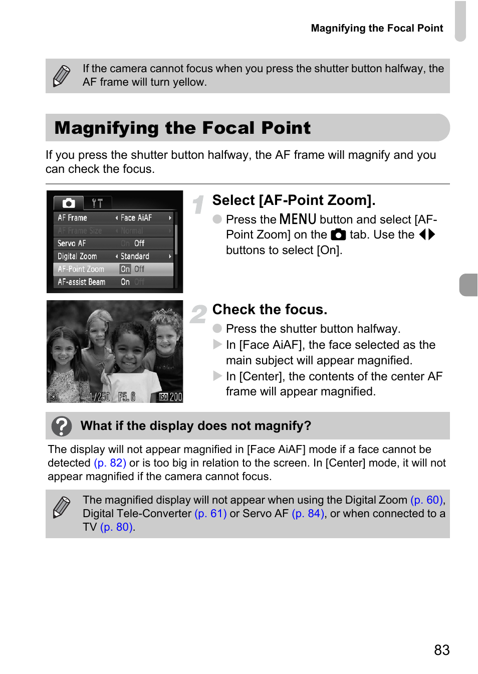 Magnifying the focal point, Select [af-point zoom, Check the focus | Canon IXUS 990IS User Manual | Page 83 / 162