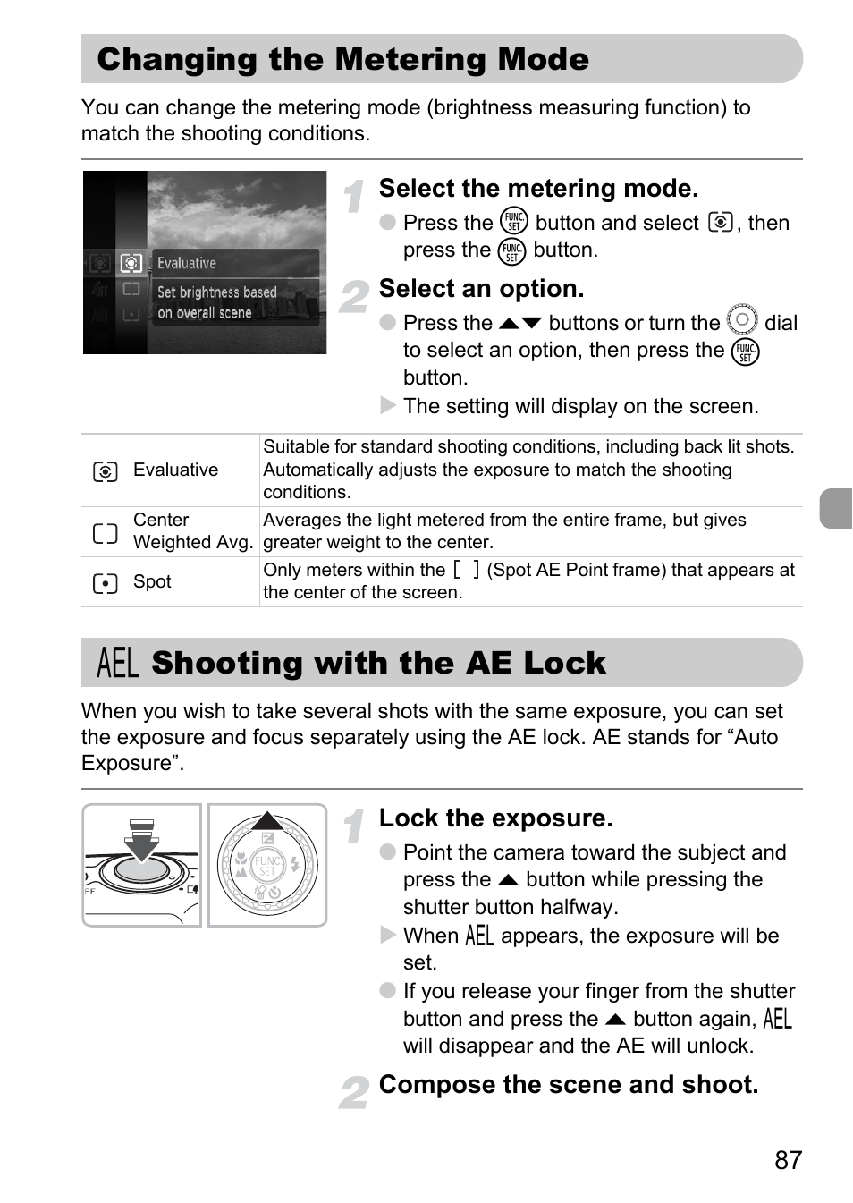 Changing the metering mode, Shooting with the ae lock, Metering modes | P. 87), Lock, Pp. 87, Select the metering mode, Select an option, Lock the exposure, Compose the scene and shoot | Canon IXUS 990IS User Manual | Page 87 / 162